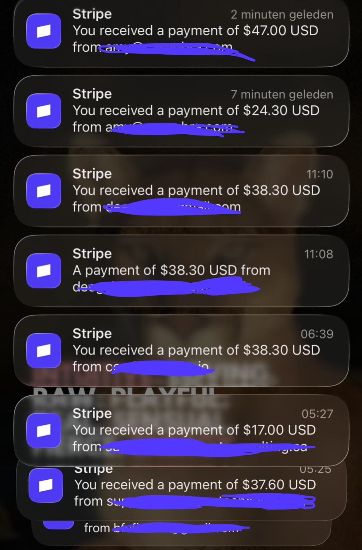 A morning of Stripe notifications from digital product sales, buyer names blurred
